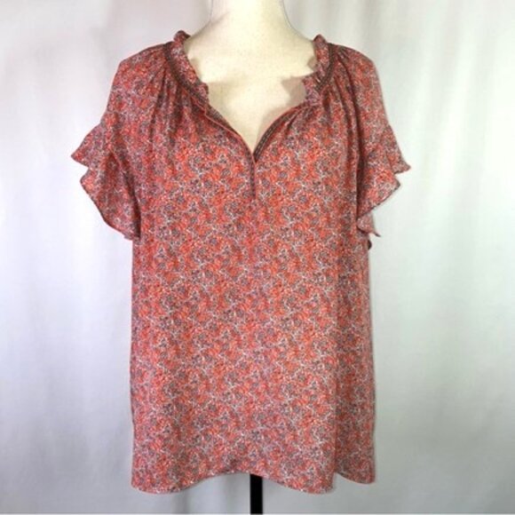 Max Studio Flutter Short Sleeve Top Size 1X Red Coral Floral Relaxed Fit - Picture 1 of 11